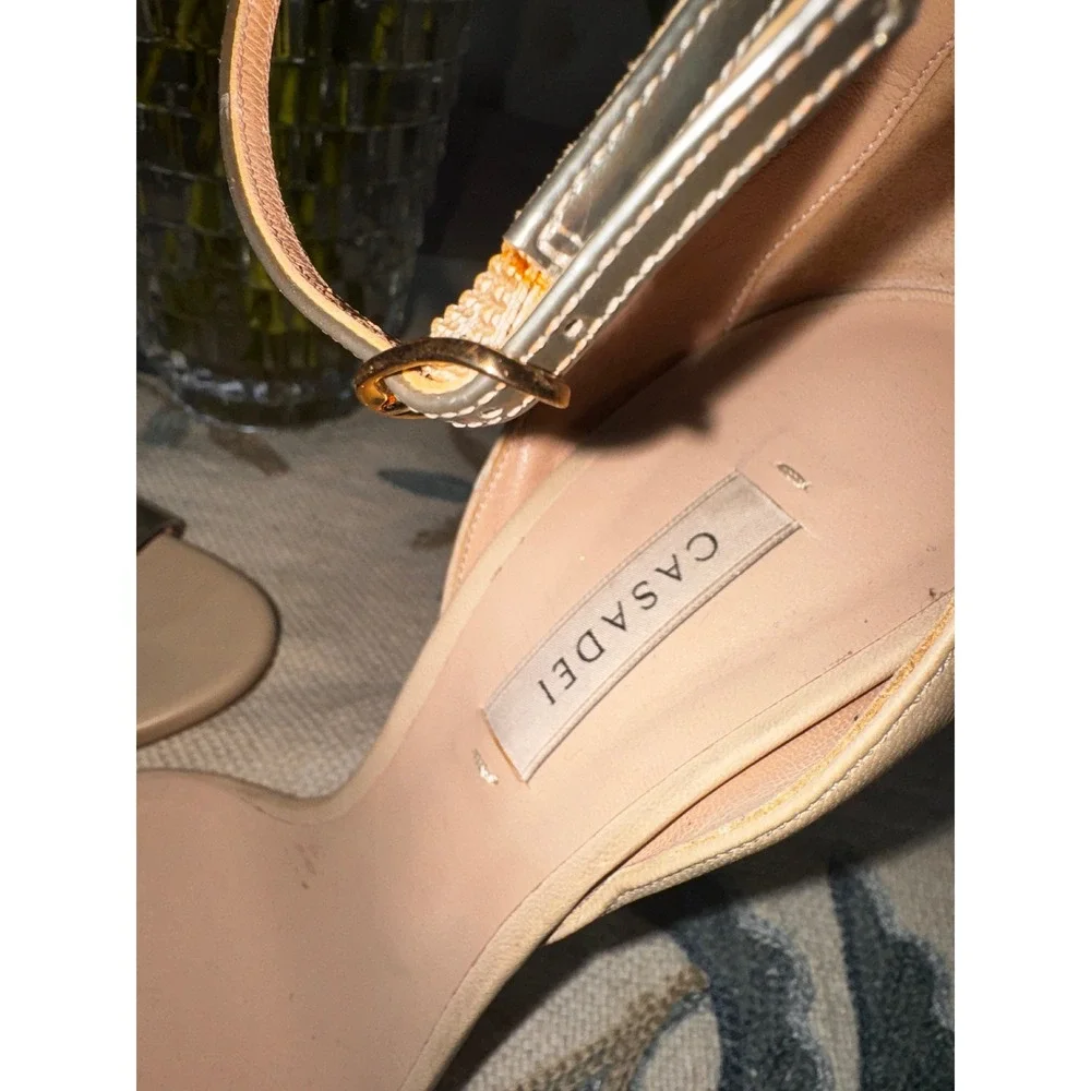 Casadei Blade Sandals Beige Silver Metallic‎ Ankle Strap Stiletto Heels Italy 38